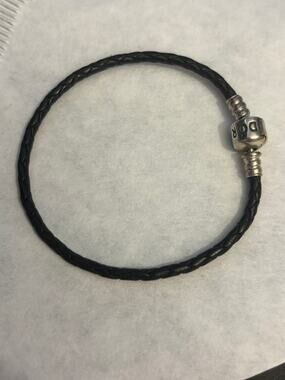 Pandora Black Leather Sterling Silver 925 ALE Charm Bracelet Sz 6.75”